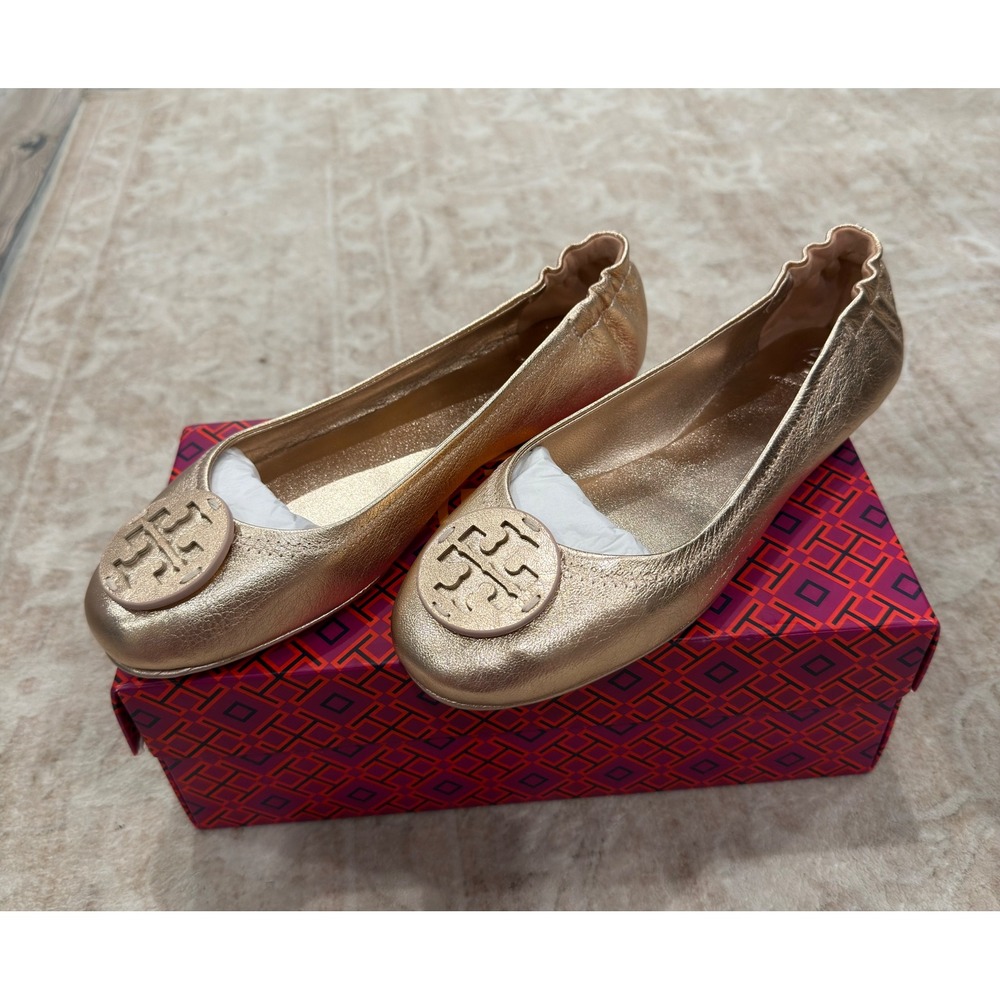 NWT Tory Burch Minnie Travel Ballet Flats Metallic Rose Gold Leather 7.5
